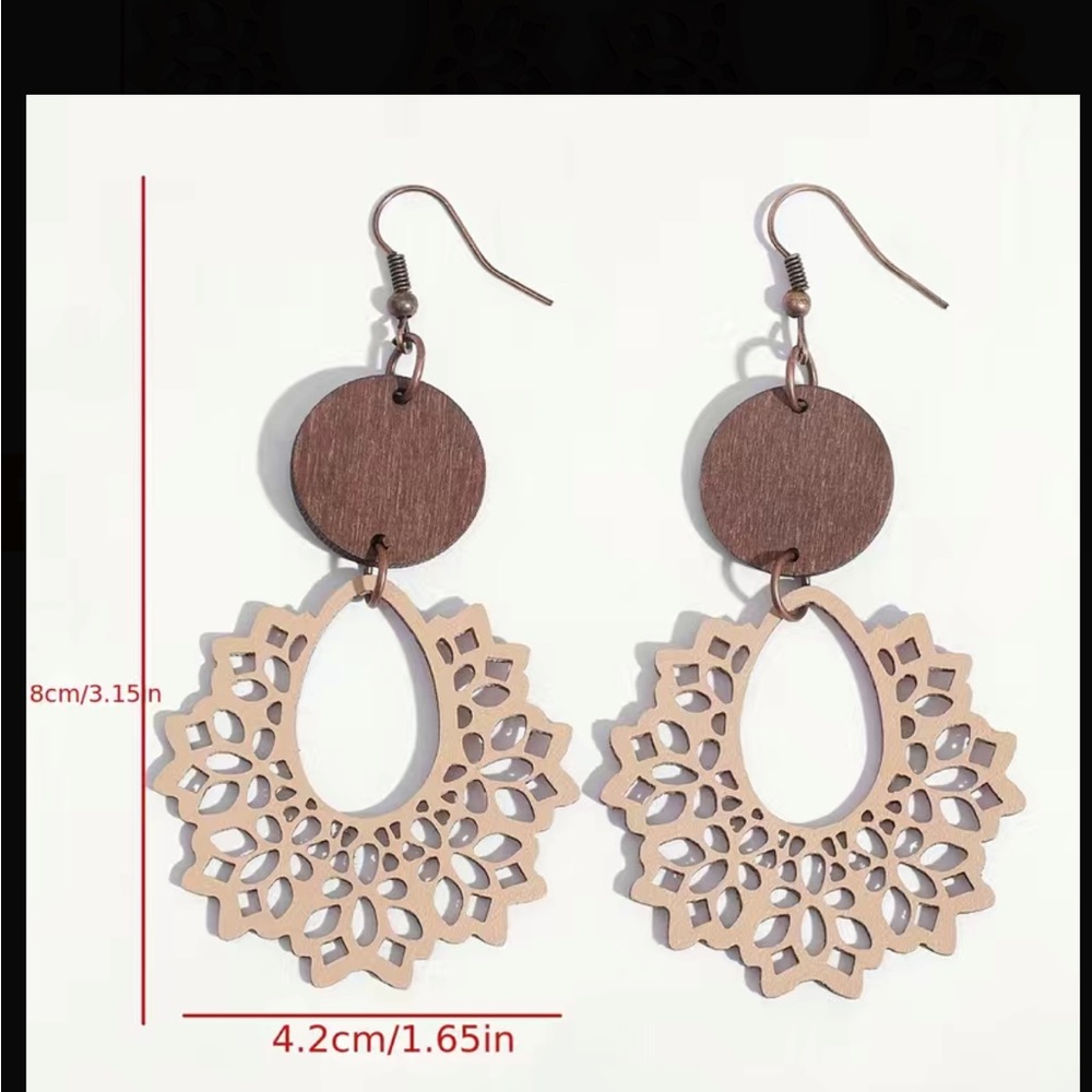 Boho Navy Blue and Brown Leather and Wood Drop Style Earrings - Picture 3 of 4